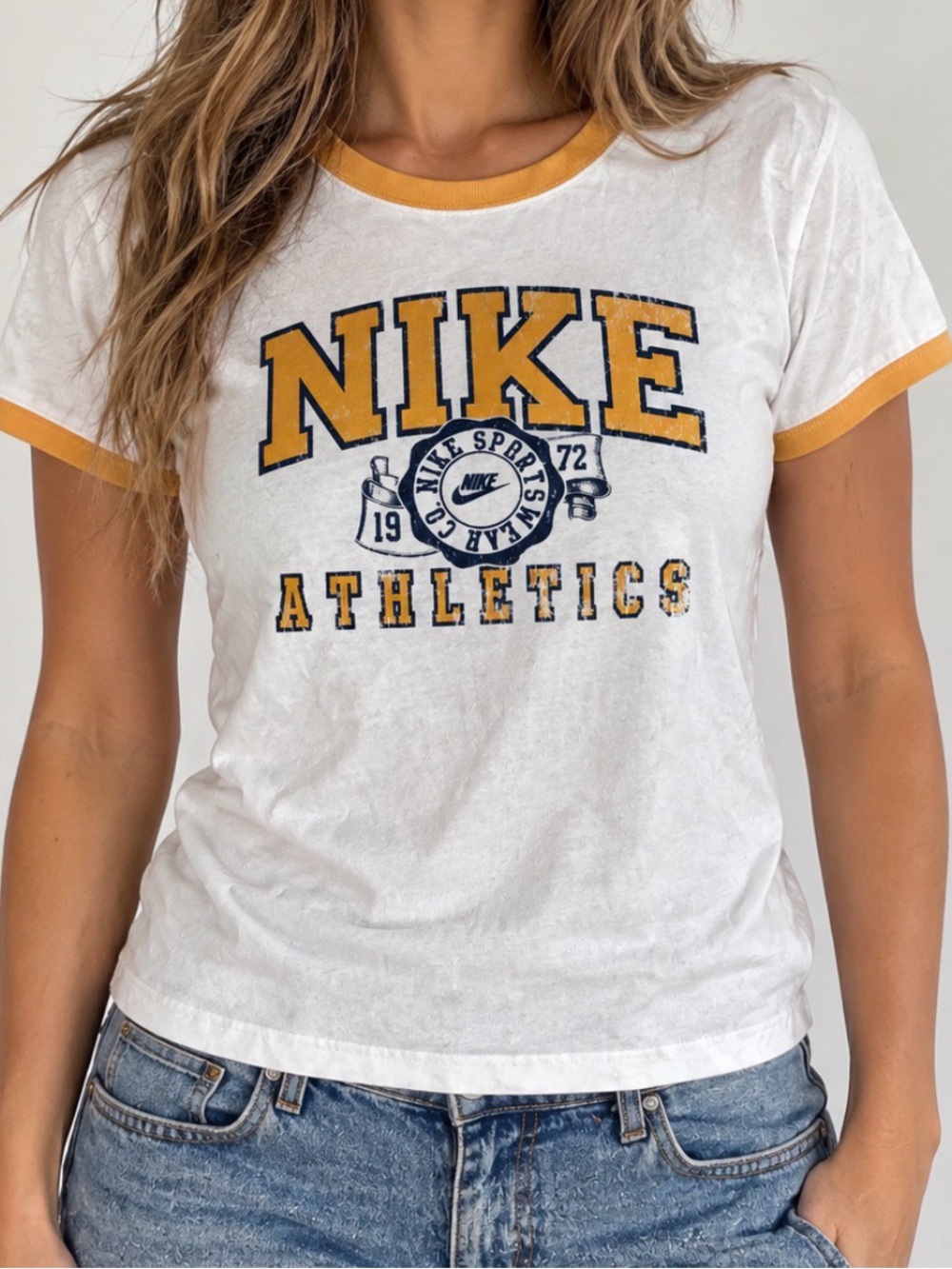 Y2K Nike White Short-Sleeve Ringer Tee with Gold Trim & Navy Logo